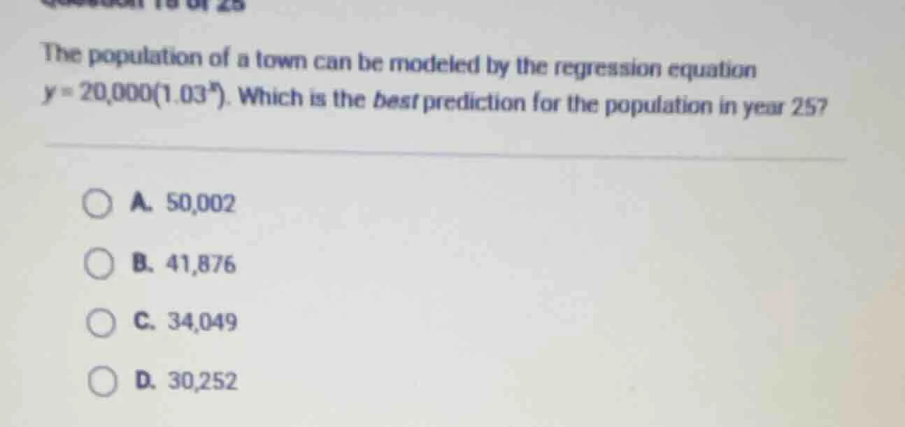 the population of a town can be modeled by the regression equation $y =…
