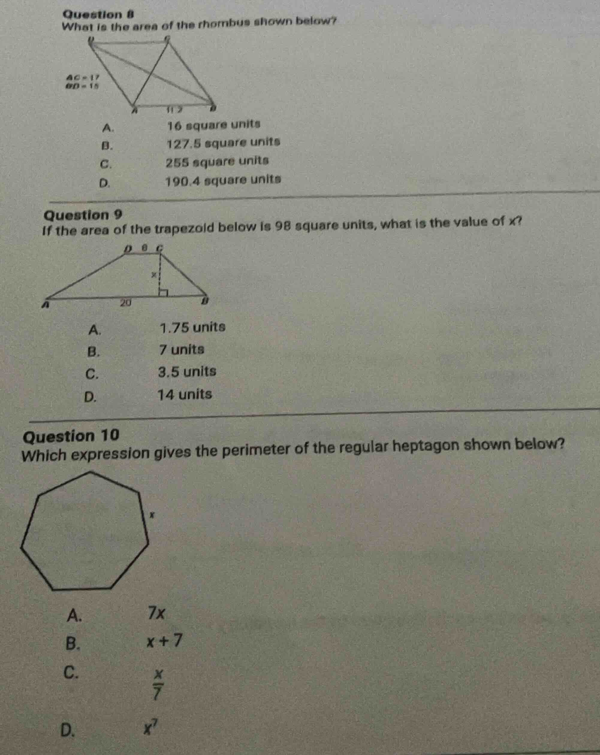 question 8 what is the area of the rhombus shown below? $ac=17$ $bd=15$…