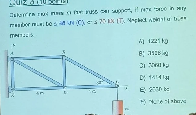quiz 3 (10 points) determine max mass $m$ that truss can support, if ma…