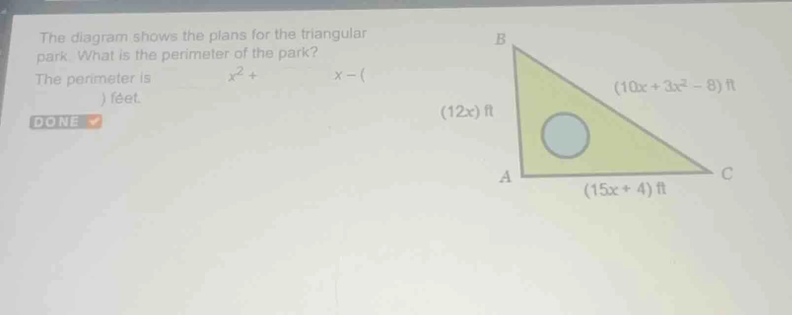 the diagram shows the plans for the triangular park. what is the perime…