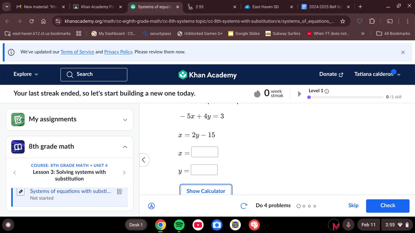 $$-5x + 4y = 3$$ $$x = 2y - 15$$ $x = \\square$ $y = \\square$ show cal…