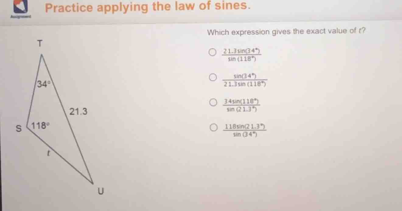practice applying the law of sines. which expression gives the exact va…