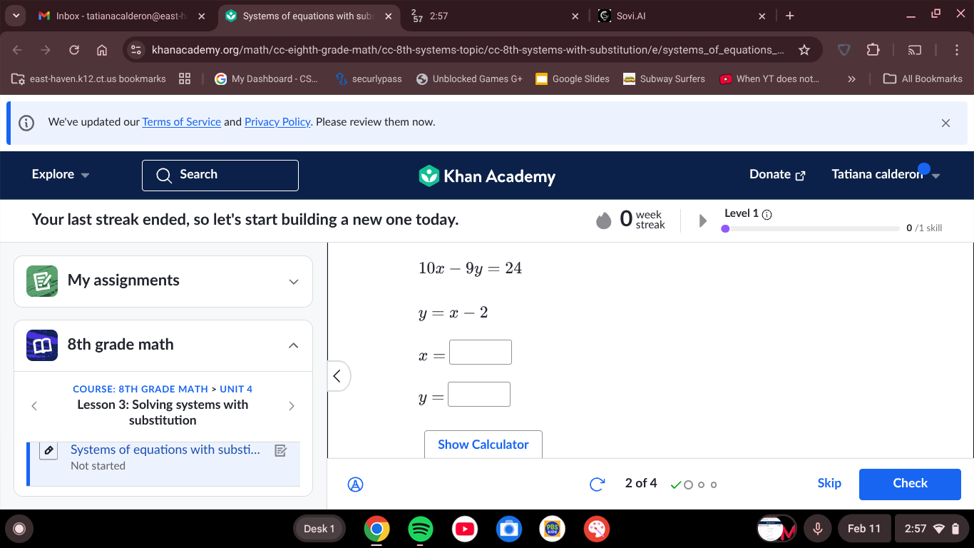 solve the system of equations:$10x - 9y = 24$$y = x - 2$$x = \\square$$…
