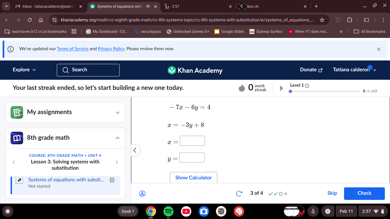 -7x - 6y = 4 x = -3y + 8 x = y =