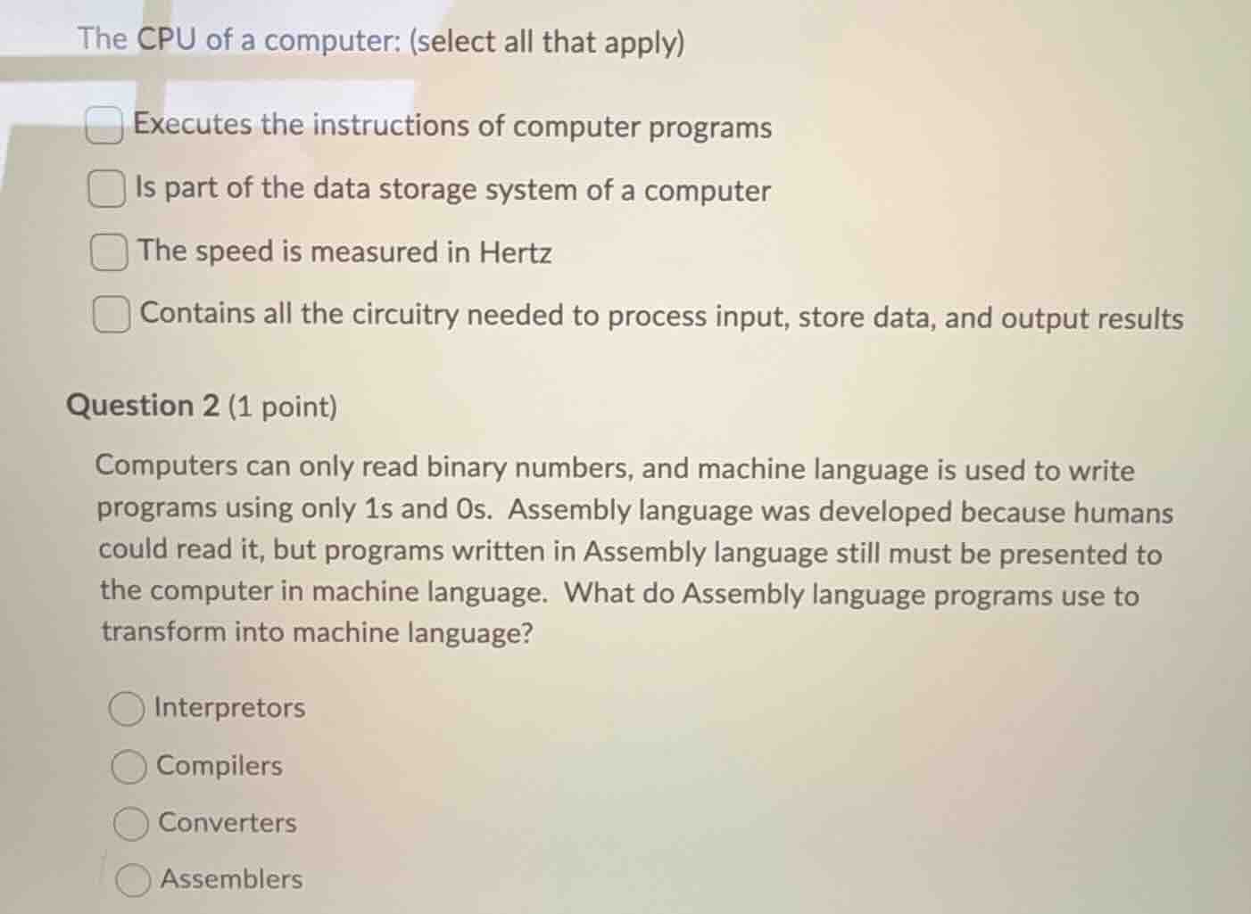 the cpu of a computer: (select all that apply)□ executes the instructio…