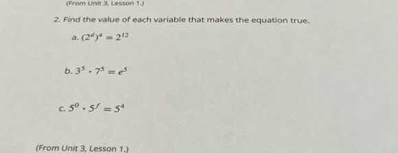 (from unit 3, lesson 1.) 2. find the value of each variable that makes …