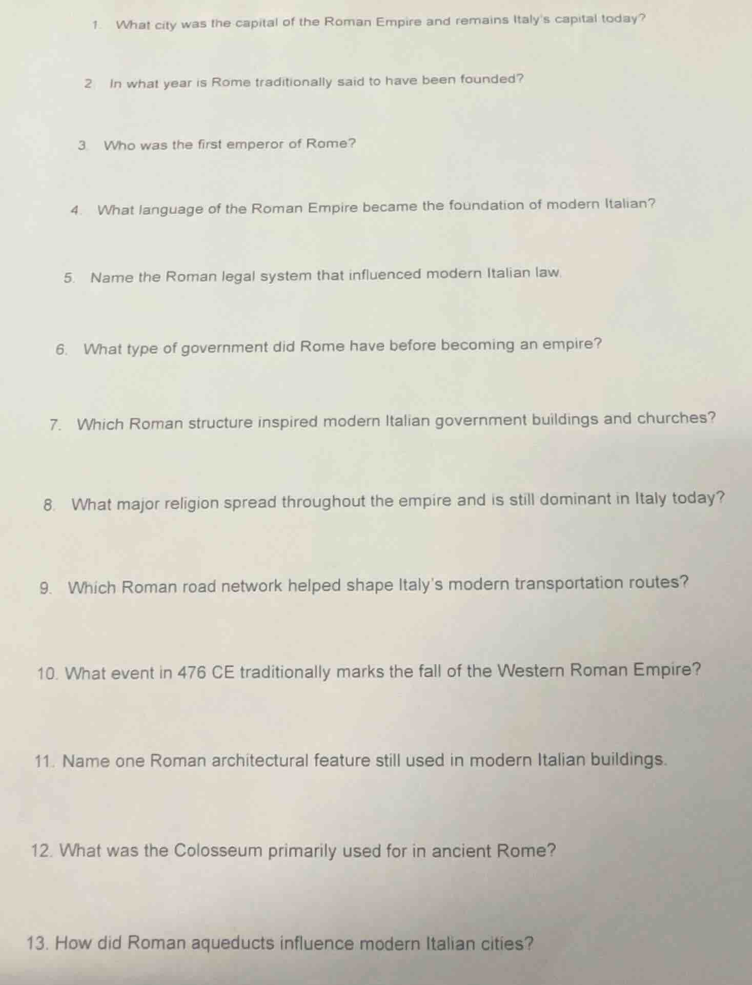 1. what city was the capital of the roman empire and remains italys cap…