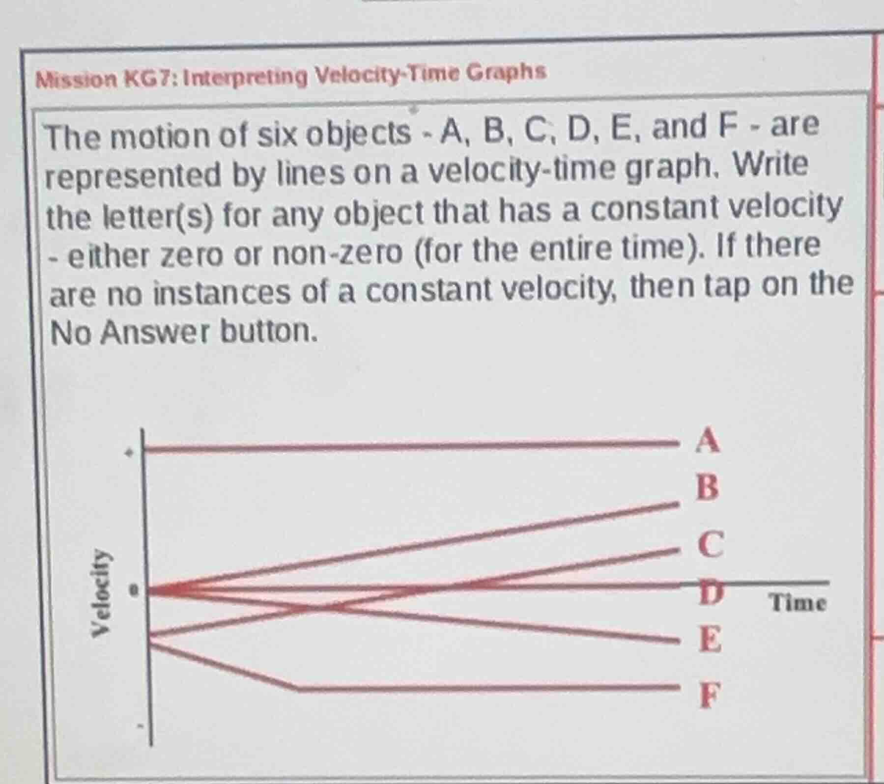 mission kg7: interpreting velocity-time graphs the motion of six object…