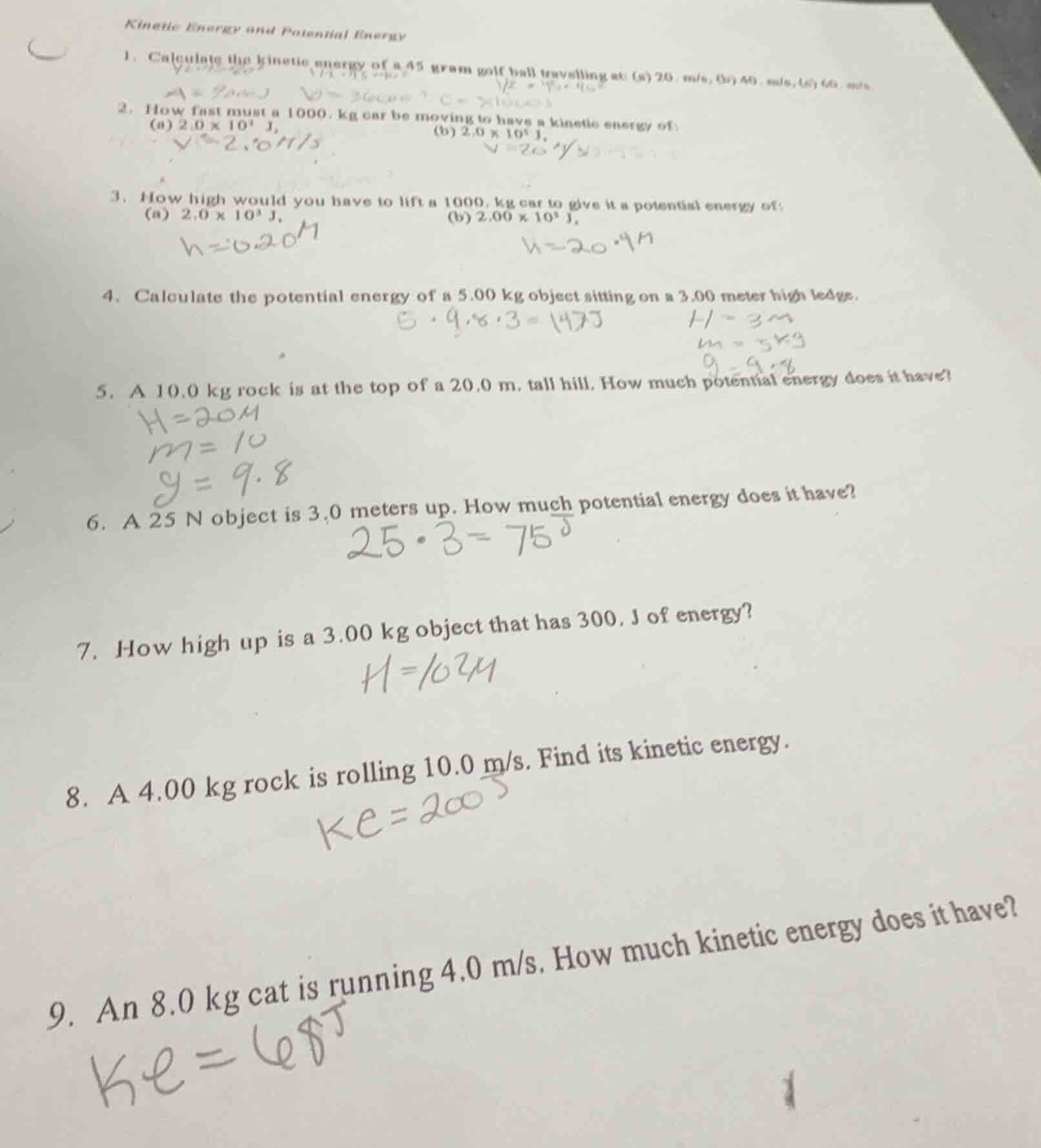 kinetic energy and potential energy 1. calculate the kinetic energy of …