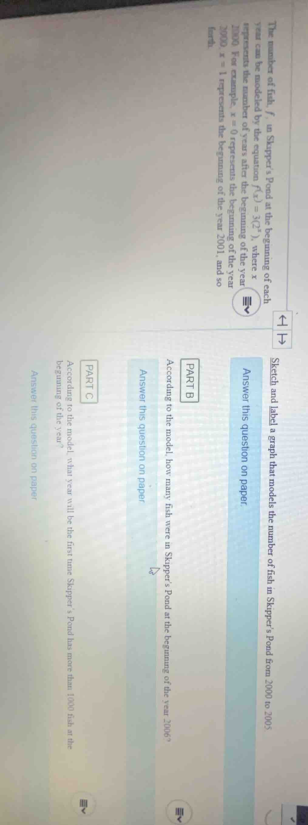 the number of fish, $f$, in skippers pond at the beginning of each year…