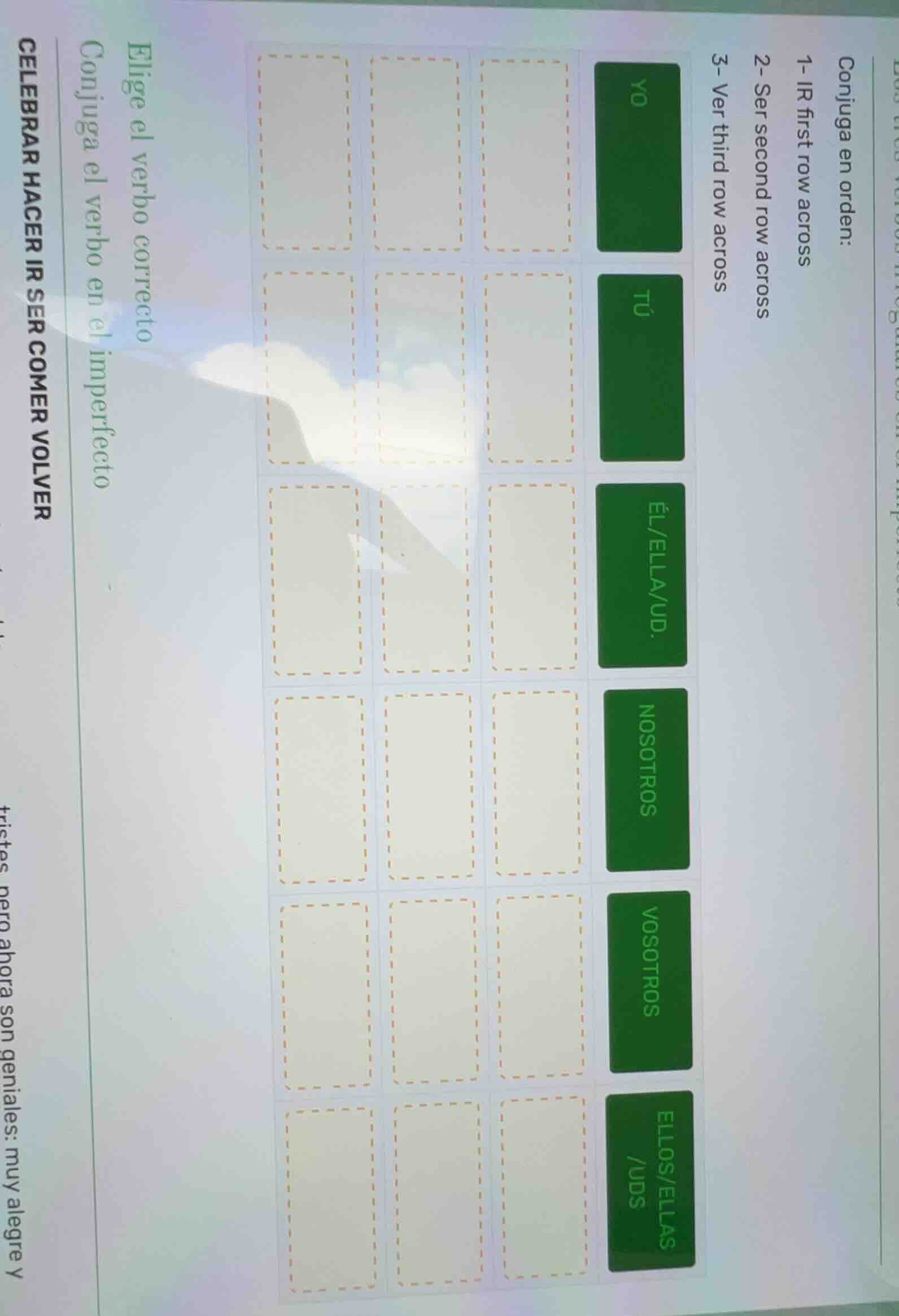 conjuga en orden:1- ir first row across2- ser second row across3- ver t…