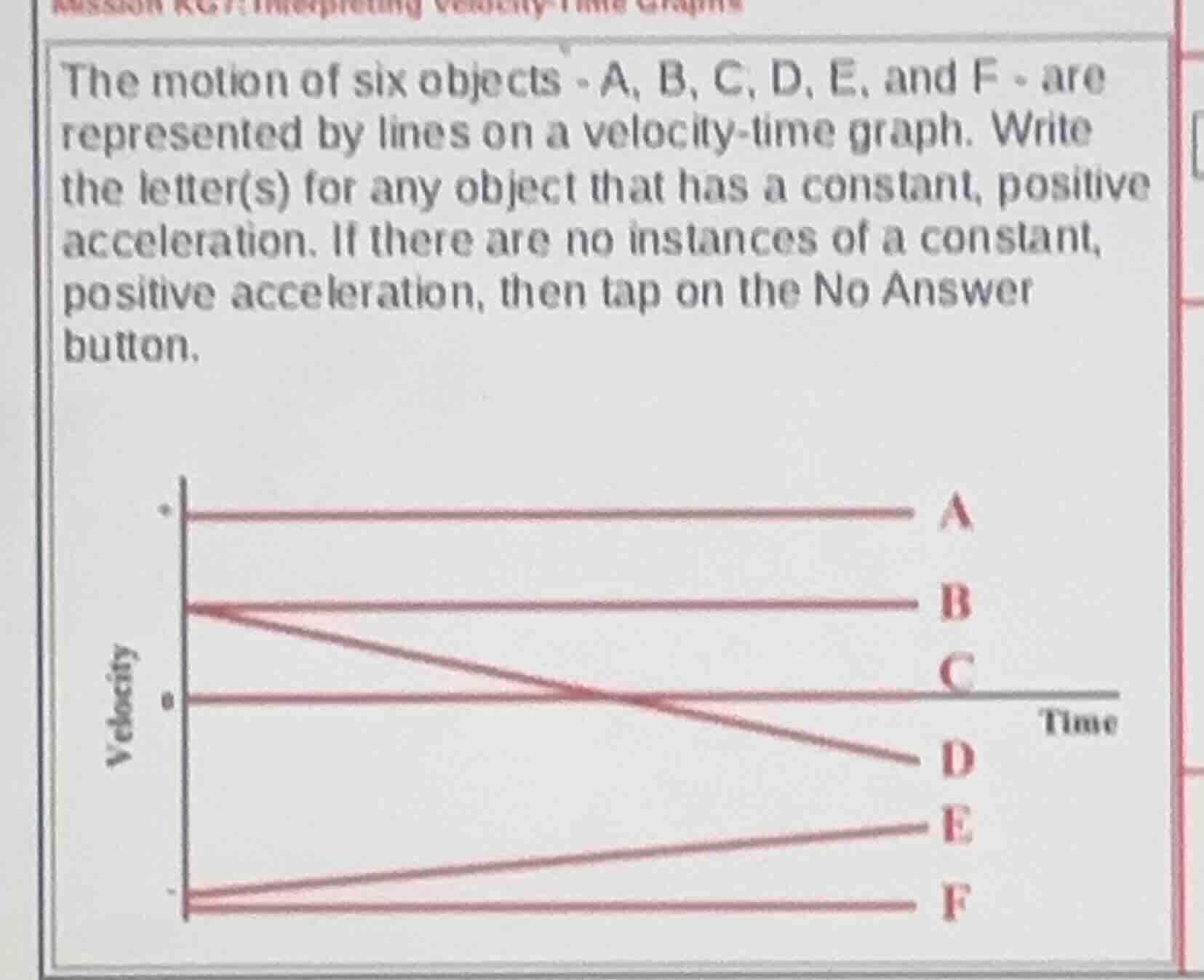 the motion of six objects - a, b, c, d, e, and f - are represented by l…