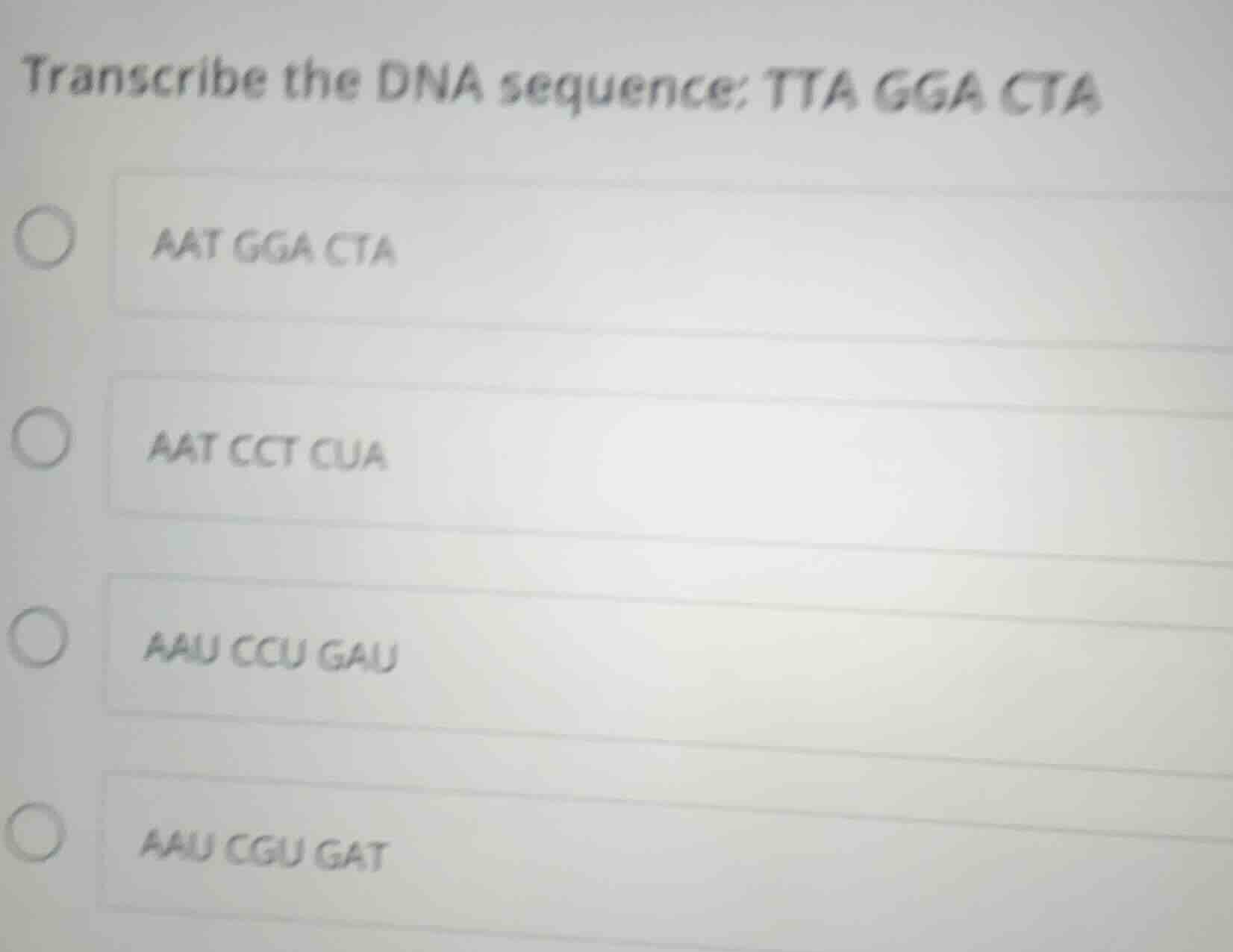 transcribe the dna sequence: tta gga cta aat gga cta aat cct cua aau cc…