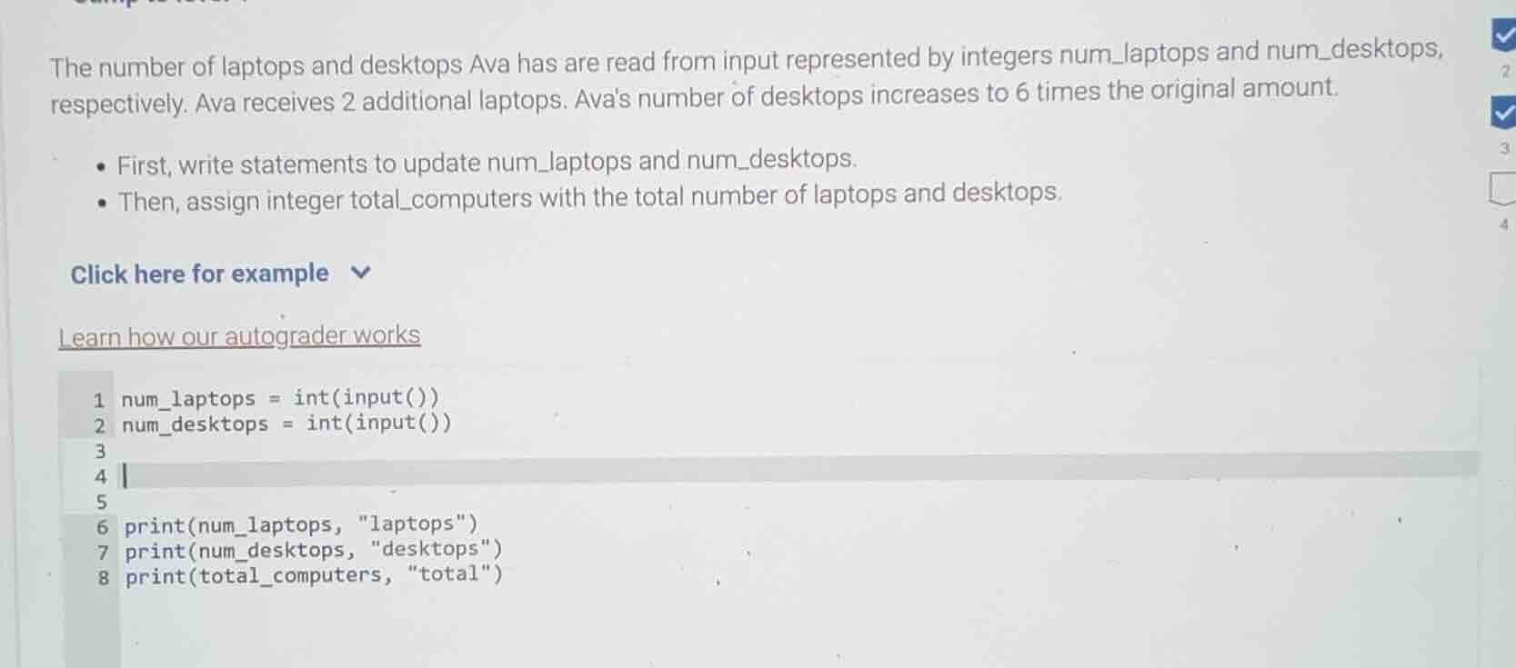 the number of laptops and desktops ava has are read from input represen…
