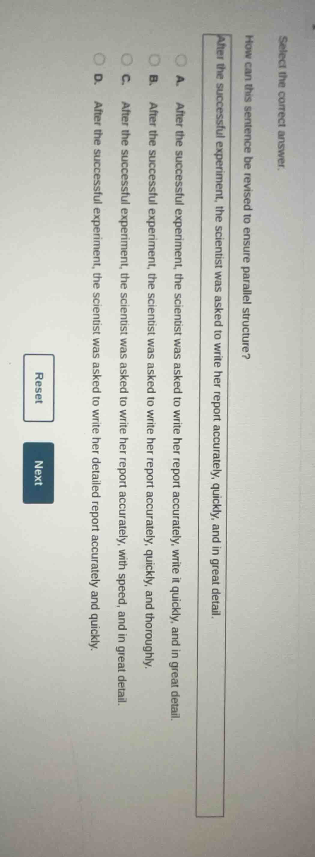 select the correct answer. how can this sentence be revised to ensure p…