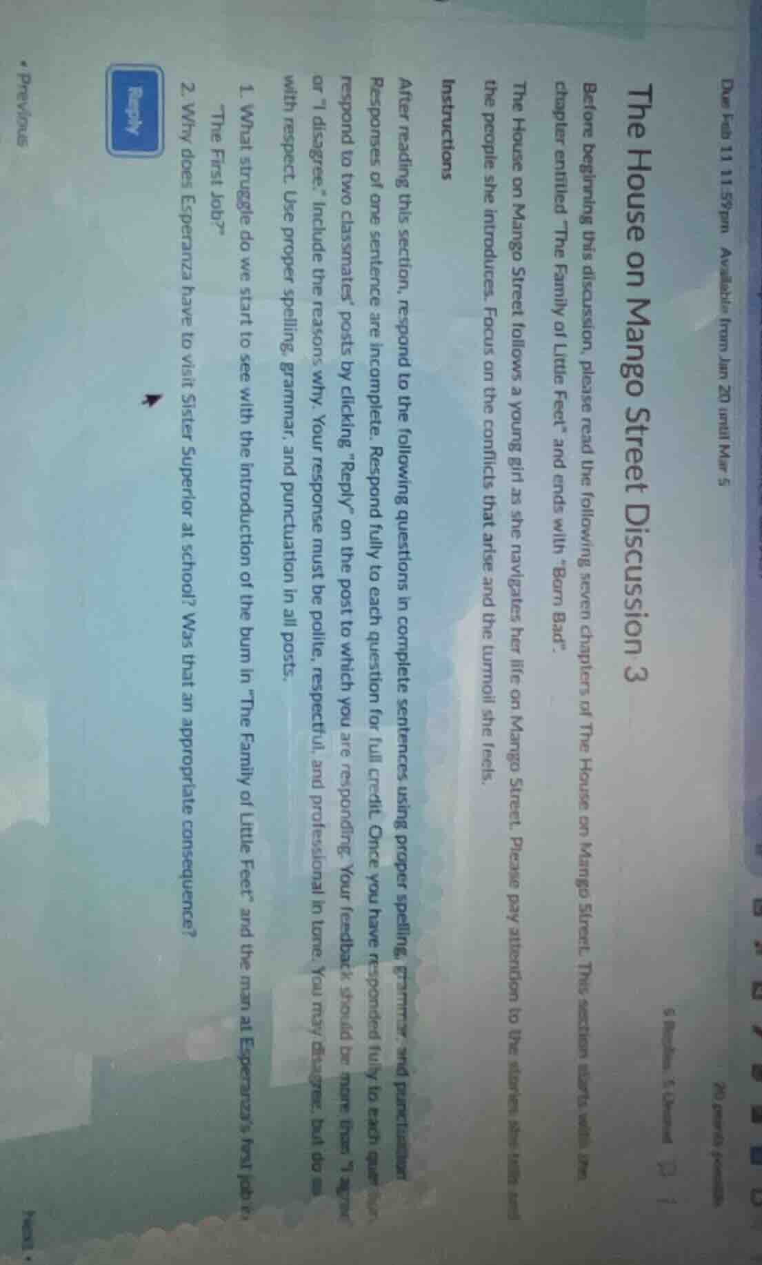 due feb 11 11:59pm available from jan 20 until mar 5 20 points possible…