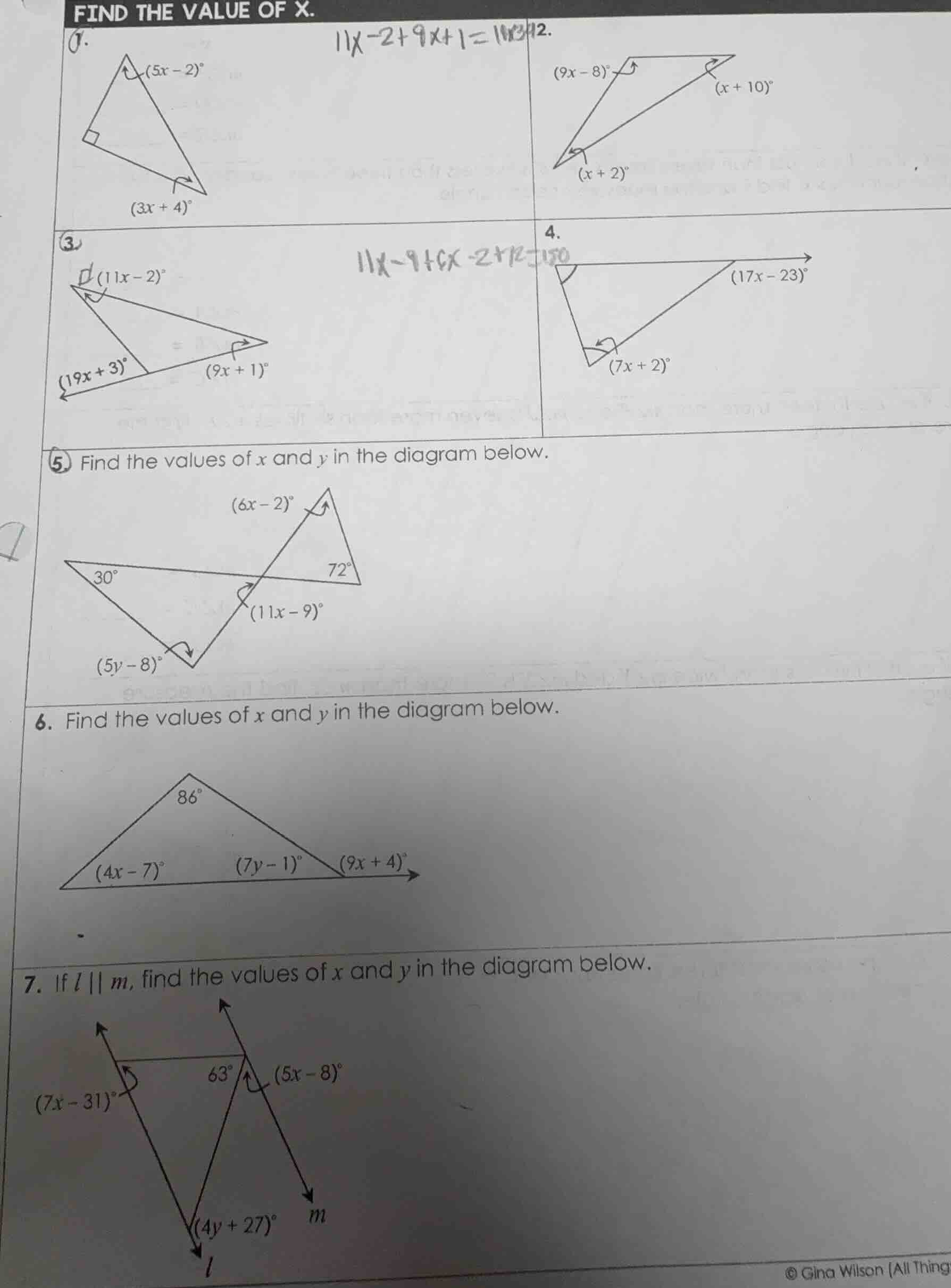 find the value of x. 1. $(5x - 2)^{circ}$ $(3x + 4)^{circ}$ $11x-2+9x+1…