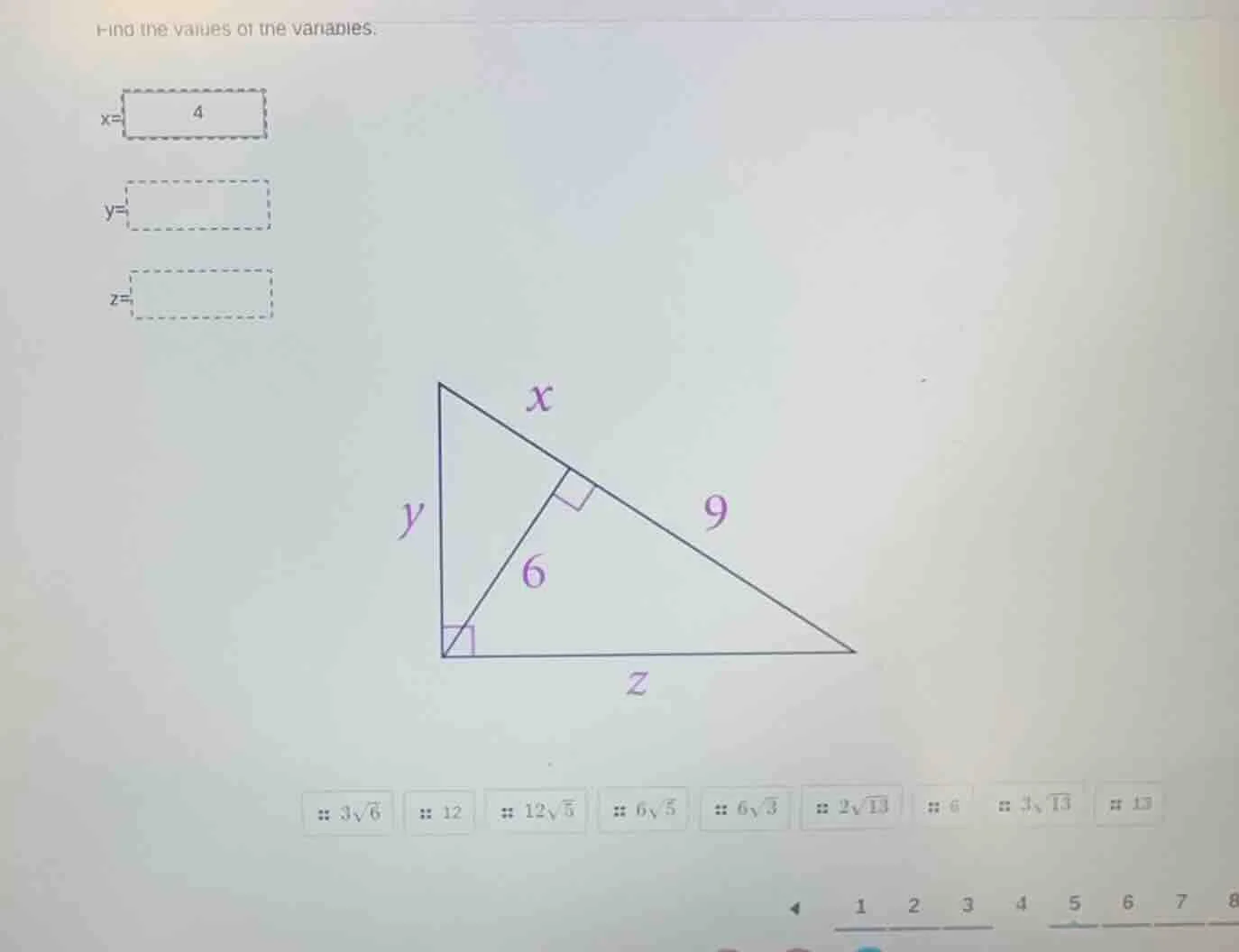 find the values of the variables. x= y= z= options: $3\\sqrt{6}$, $12$,…