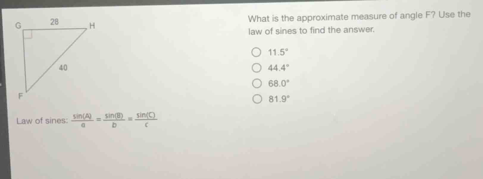 what is the approximate measure of angle f? use the law of sines to fin…