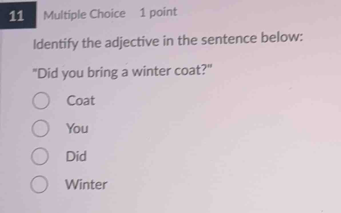 11 multiple choice 1 point identify the adjective in the sentence below…