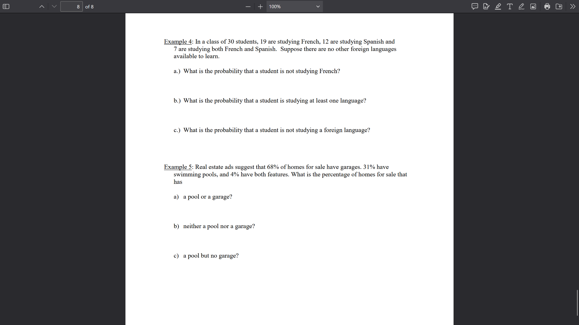 example 4: in a class of 30 students, 19 are studying french, 12 are st…