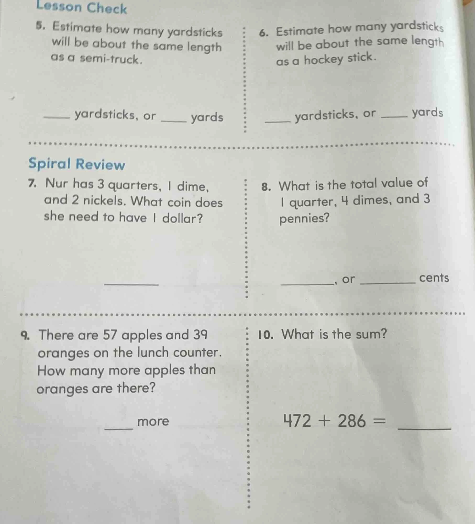lesson check 5. estimate how many yardsticks will be about the same len…