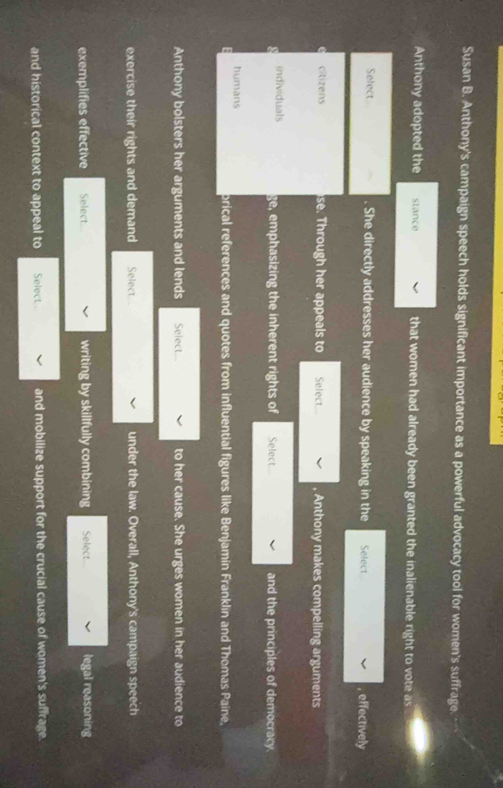 susan b. anthonys campaign speech holds significant importance as a pow…