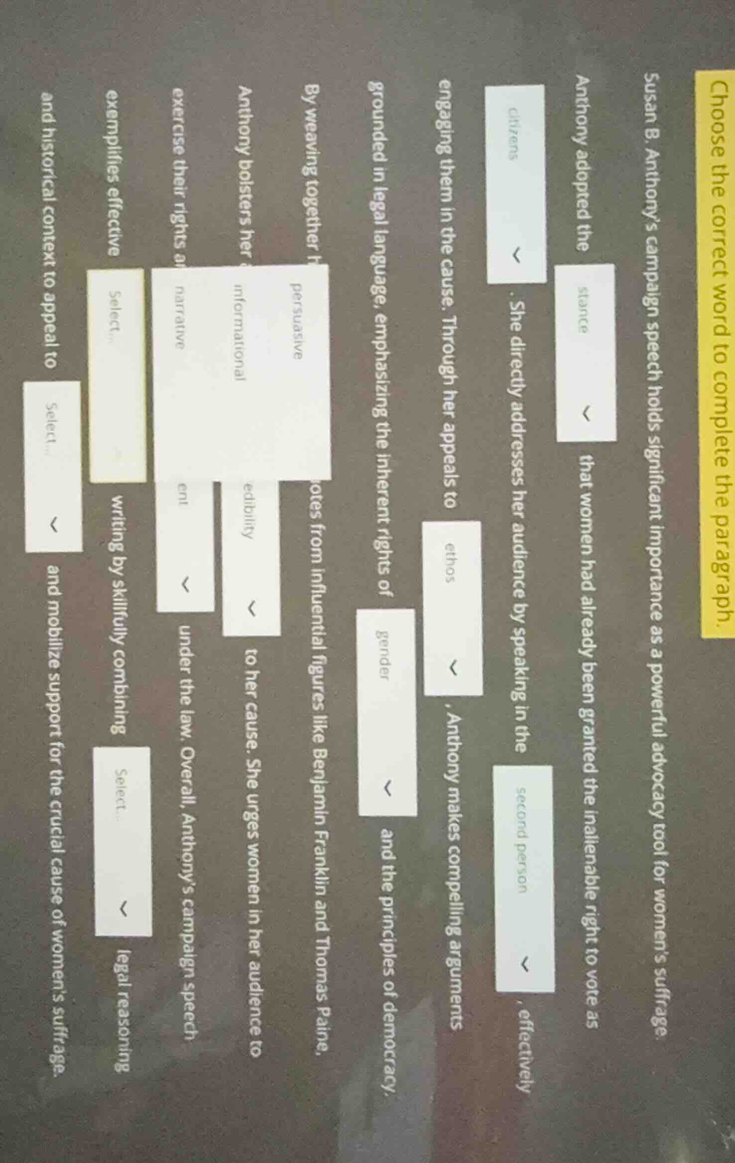 choose the correct word to complete the paragraph.susan b. anthonys cam…