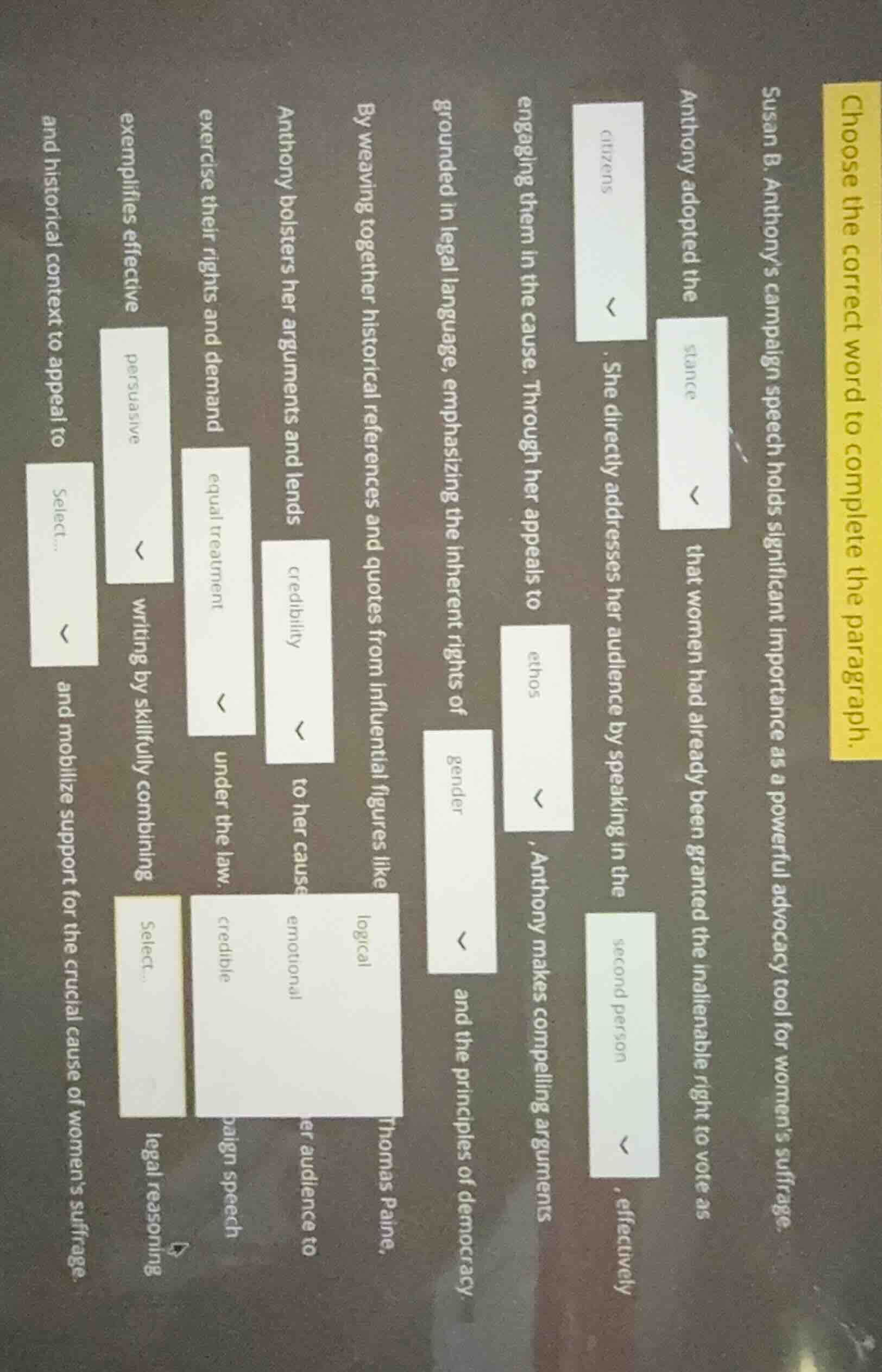 choose the correct word to complete the paragraph. susan b. anthonys ca…