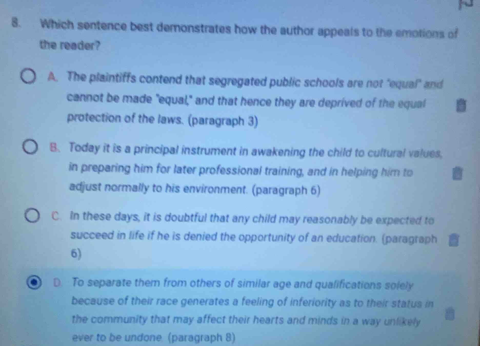 8. which sentence best demonstrates how the author appeals to the emoti…