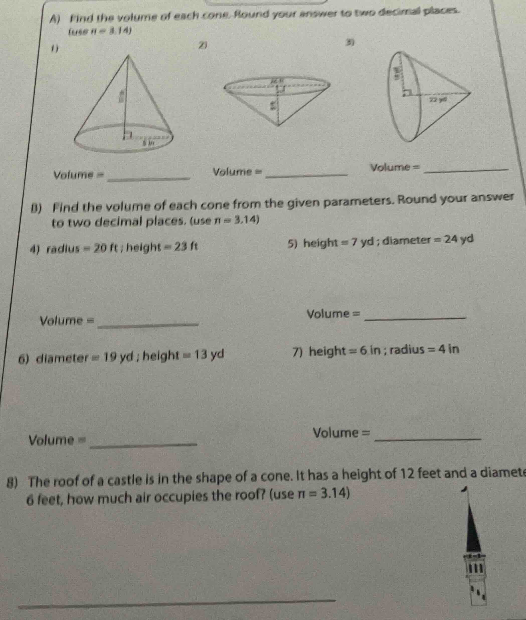 a) find the volume of each cone. round your answer to two decimal place…