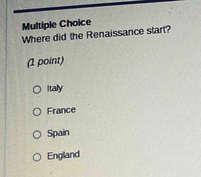 multiple choice where did the renaissance start? (1 point) italy france…
