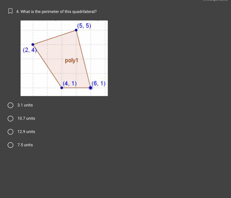 4. what is the perimeter of this quadrilateral? (5, 5) (2, 4) poly1 (4,…