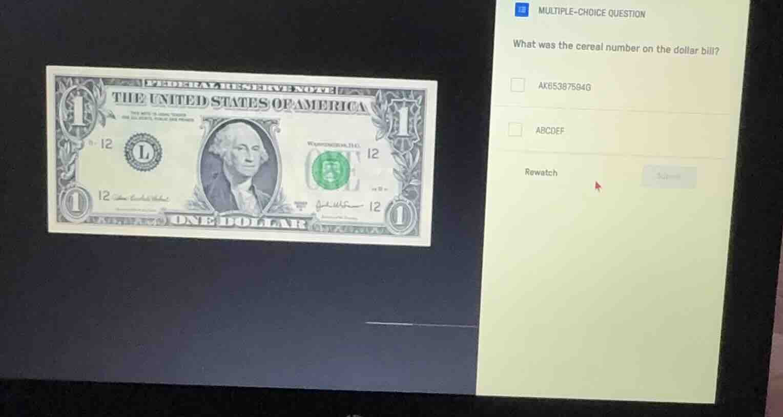 multiple-choice question what was the cereal number on the dollar bill?…