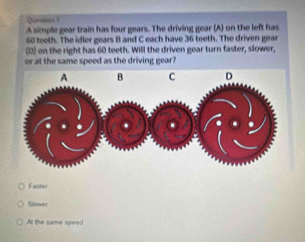 a simple gear train has four gears. the driving gear (a) on the left ha…