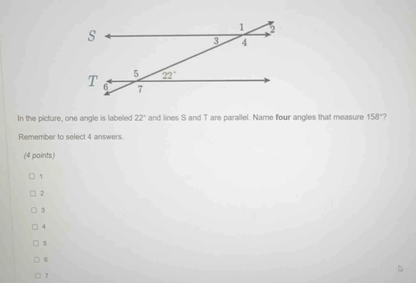 in the picture, one angle is labeled $22^\\circ$ and lines s and t are …