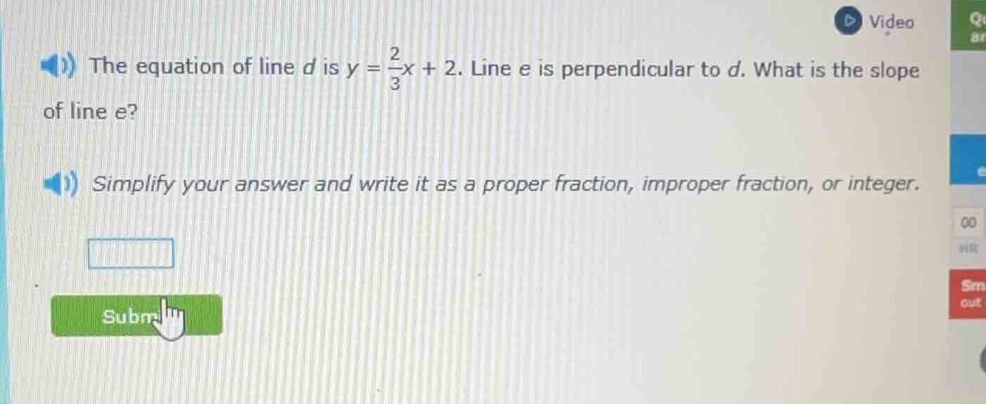 the equation of line $d$ is $y = \\frac{2}{3}x + 2$. line $e$ is perpen…