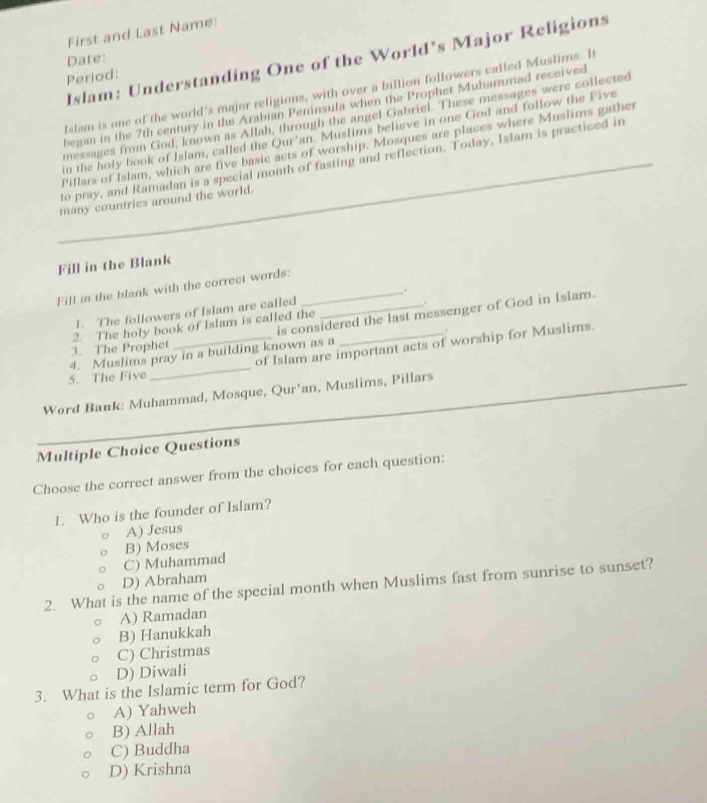 first and last name:date:period:islam: understanding one of the worlds …