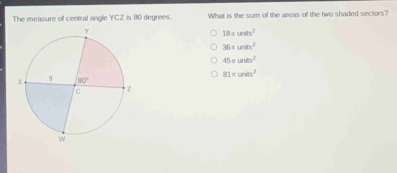 the measure of central angle ycz is 80 degrees. what is the sum of the …