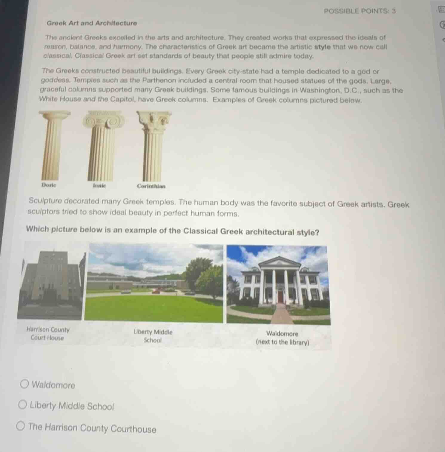 possible points: 3greek art and architecturethe ancient greeks excelled…