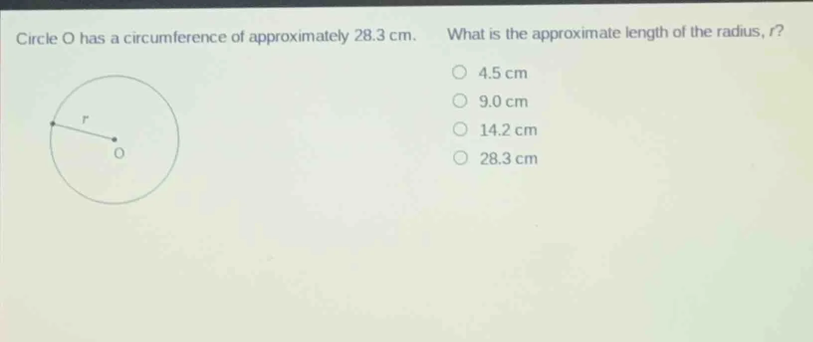 circle o has a circumference of approximately 28.3 cm. what is the appr…