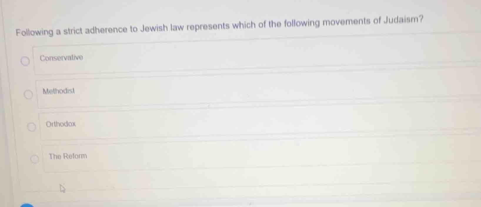 following a strict adherence to jewish law represents which of the foll…