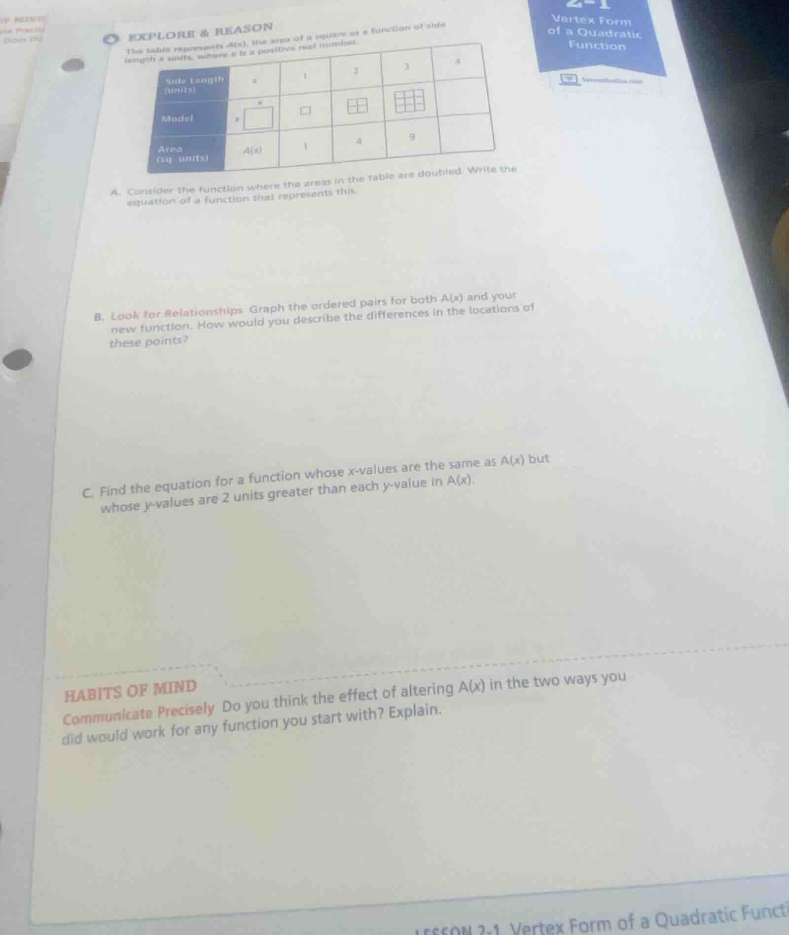 explore & reason the table represents a(x), the area of a square as a f…