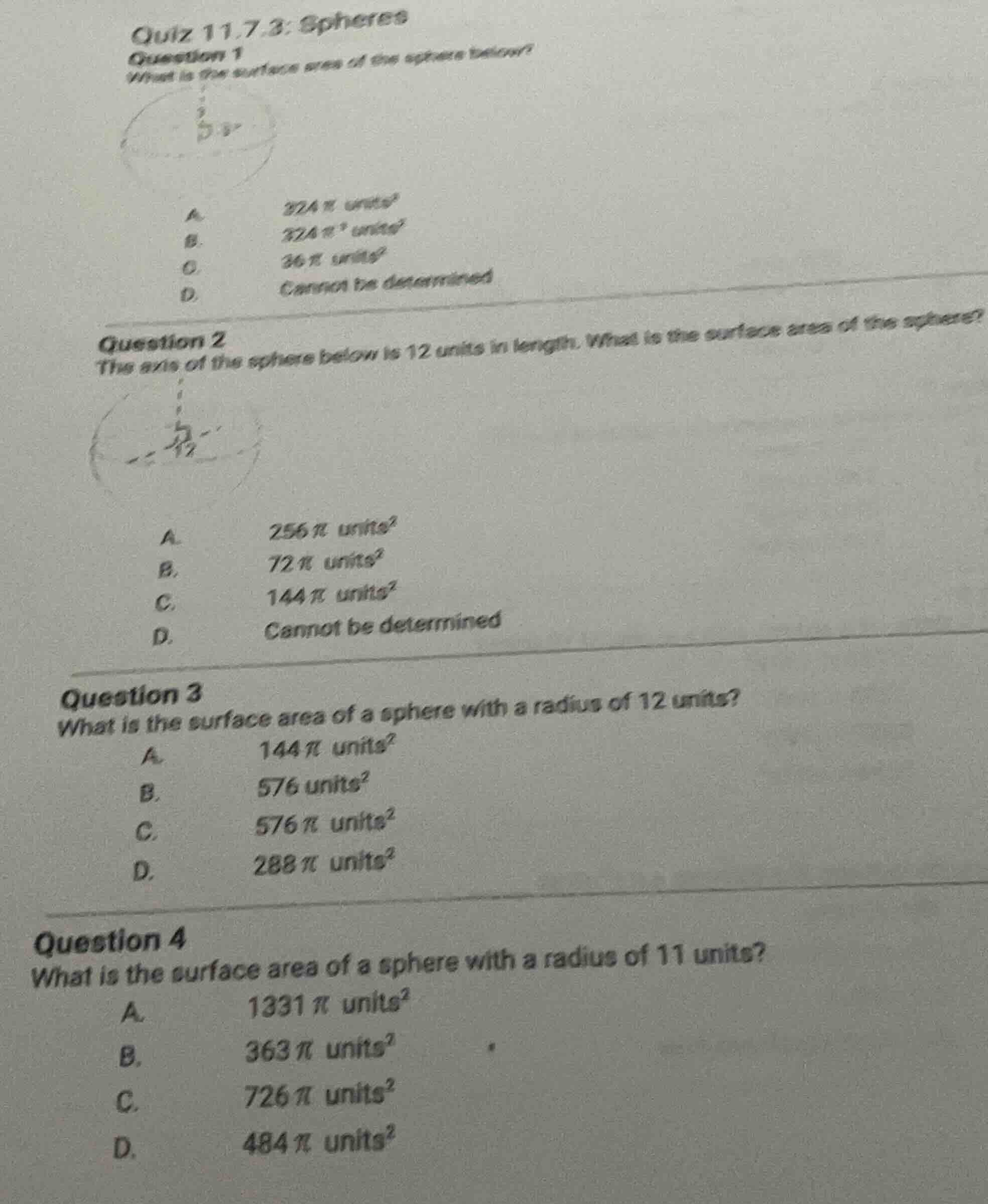 quiz 11.7.3: spheresquestion 1what is the surface area of the sphere be…