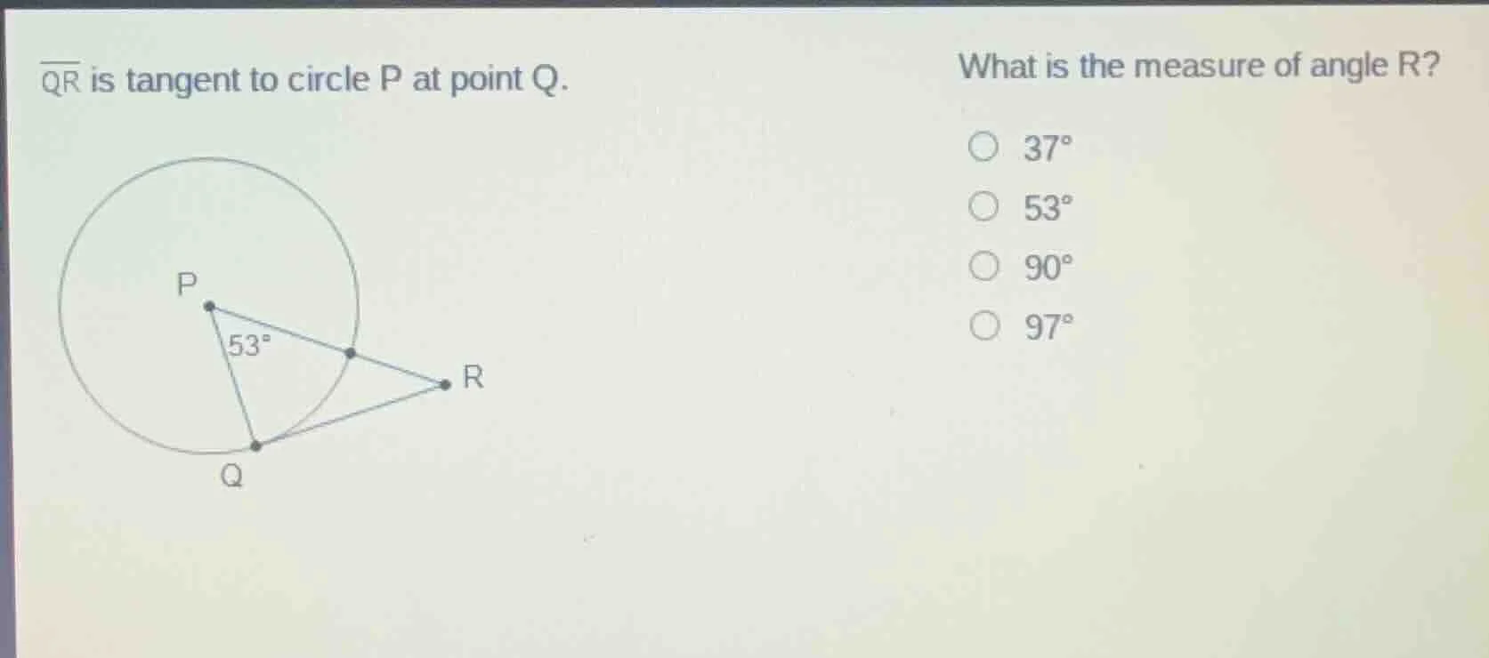 $\\overline{qr}$ is tangent to circle p at point q. what is the measure…