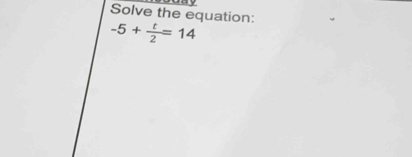 solve the equation: $-5 + \\frac{t}{2}= 14$