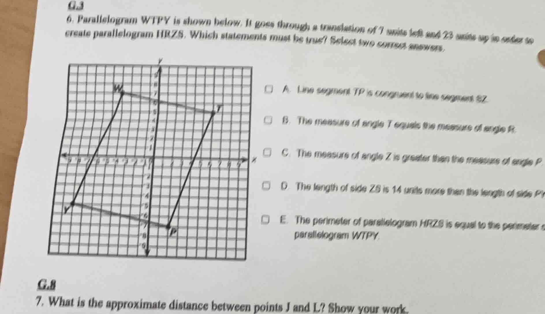 g.3 6. parallelogram wtpy is shown below. it goes through a translation…