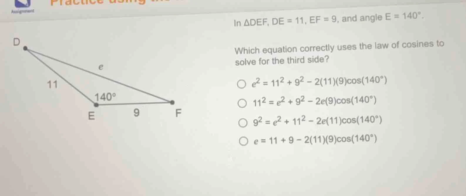 in $delta def$, $de = 11$, $ef = 9$, and angle $e = 140^{circ}$. which …