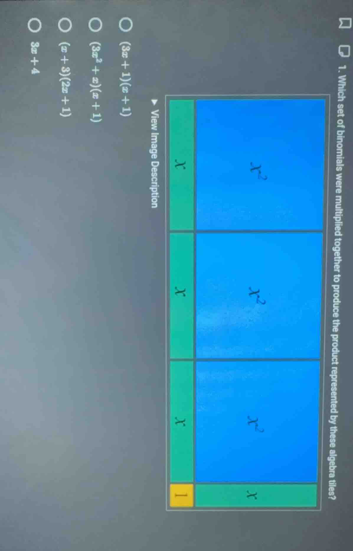 1. which set of binomials were multiplied together to produce the produ…