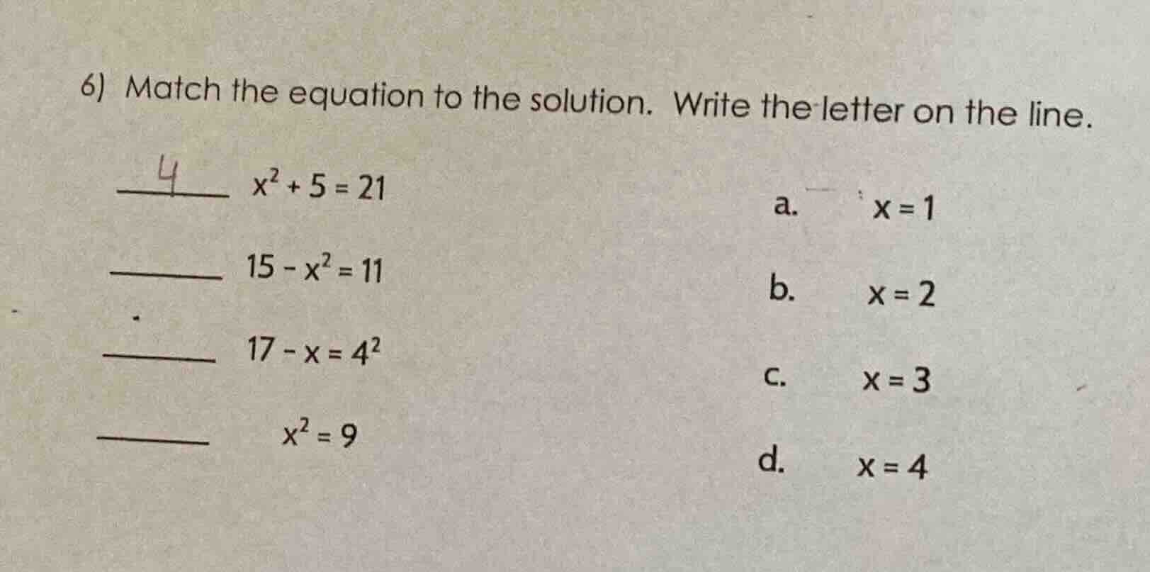 6) match the equation to the solution. write the letter on the line. __…